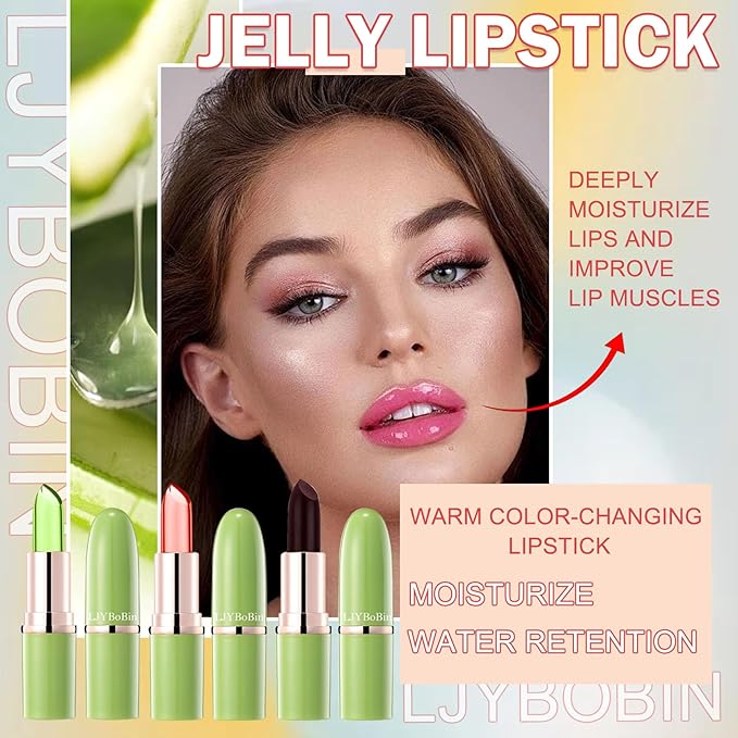 3PCS Aloe Vera Color Changing Lipstick Set,Magic Jelly Lipstick Long Lasting Highly Pigmented Color Change Lip Gloss,Waterproof Lips Moisturizer Non-Sticky Cup Tinted Lip Balm Stain Makeup Set