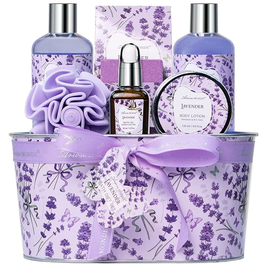 Bath Gift Baskets for Women, Lavender Relaxing Spa Gifts, Bath Spa Gift Basket for Women, Self Care Gifts, Care Package, Home Spa Products, Birthday Gifts , Gifts for her