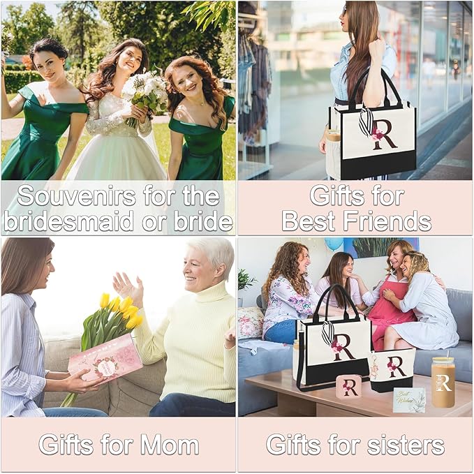 Birthday Gifts for Women,Initial Canvas Tote Bag,Monogrammed Gift for Women,16oz Initial Glass Cup,Makeup Bag with Zipper,Jewelry Organizer Box,Personalized Gifts for Mom-R