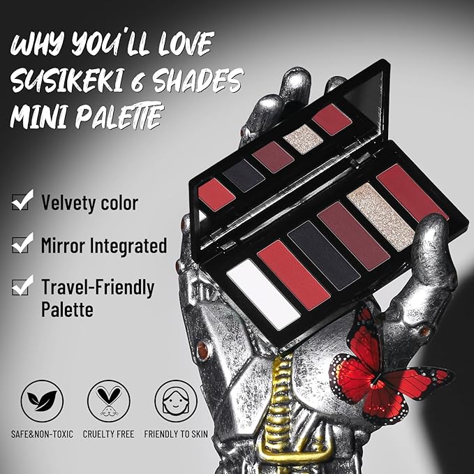 Red Eyeshadow Palette with Mirror Sliver Red Black Tones Matte Shimmer 6 Colors Mini Eye Shadow Pallet Travel Size Highly Pigmented for Joker Vampire Clown Goth Halloween Christmas Makeup