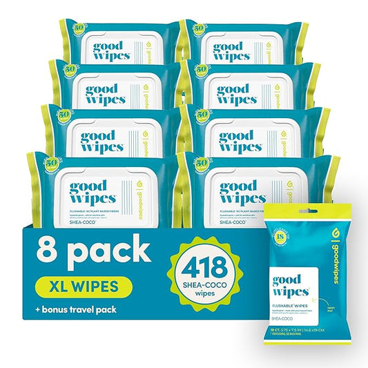 goodwipes Flushable Butt Wipes - Vitamin E & Aloe - Sewer & Septic Safe - Extra Large Adult Wet Wipes For Women & Men - Bathroom Essentials - Shea Coco, 418 Count (8 Packs + 1 Travel)