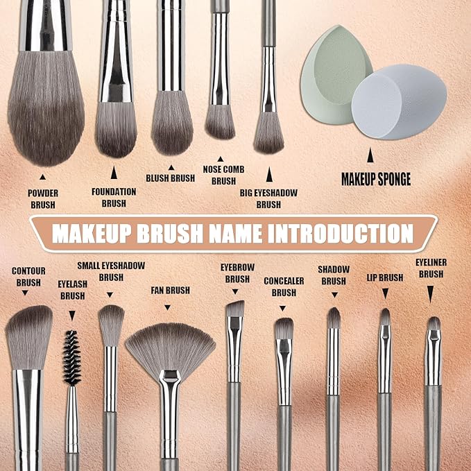 Makeup Brushes, 14 Pcs Professional Makeup Brush Set, Eye and Face Foundation Brush Set, Eyeshadow Brushes, Cosmetic Brushes, with 2 Blender Sponge and PU Case, Silvery