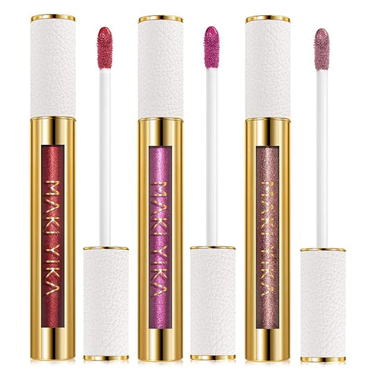 MAKI YIKA 3Pc Metallic Lipstick for Women Red Pink Brown Glitter Lipsticks Long Lasting Lipstick Smudge Proof Liquid Lip Gloss, Red/Pink/Nude