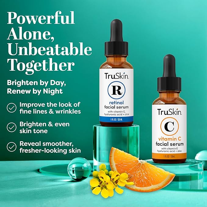 TruSkin Face Serum Duo – Vitamin C & Retinol Serum for Face – Anti-Aging Skin Care Gift Set for Women – Helps Improve Appearance of Fine Lines & Wrinkles for Smoother Looking Skin, 1 Fl Oz, 2 Bottles