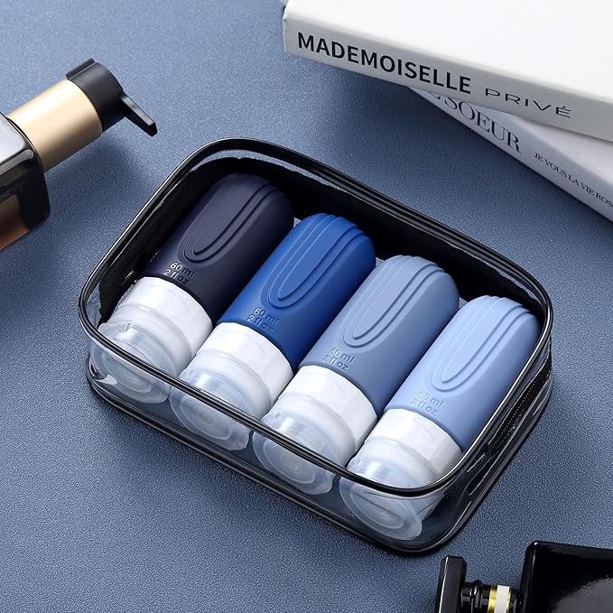 Travel Bottles for Toiletries, Tsa Approved 2oz Travel size Bottles, BPA Free Leak Proof Travels Toiletry Containers, Traveler Accessories with Toiletry Bag for Shampoo Liquid (4 Pack)