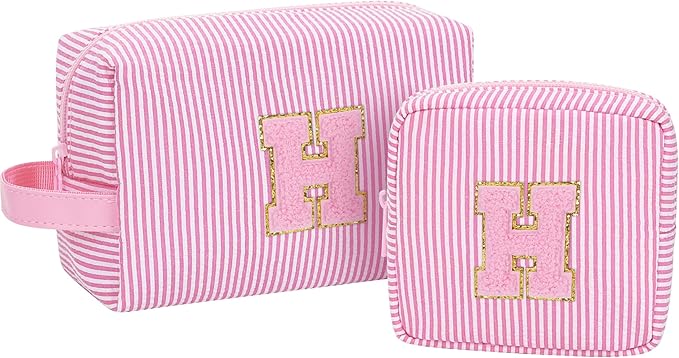 MONSTINA Travel Makeup Bag for Women,Make Up Pouch for Girlfriend Bridesmaid Wife,Birthday Gift for Her Cute Monogram Cute Initial Toiletry Bag Set,2PCS Pink H