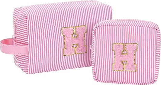 MONSTINA Travel Makeup Bag for Women,Make Up Pouch for Girlfriend Bridesmaid Wife,Birthday Gift for Her Cute Monogram Cute Initial Toiletry Bag Set,2PCS Pink H