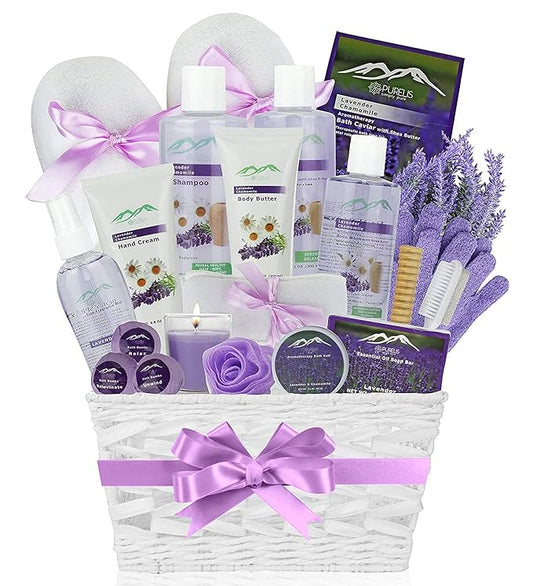 Lavender Spa Gift Basket for Birthday Gifts for Women, Beauty Basket Home Spa Basket 20 pc Set Includes Body Lotion, Bath Bombs & More! Spa Gifts for Her