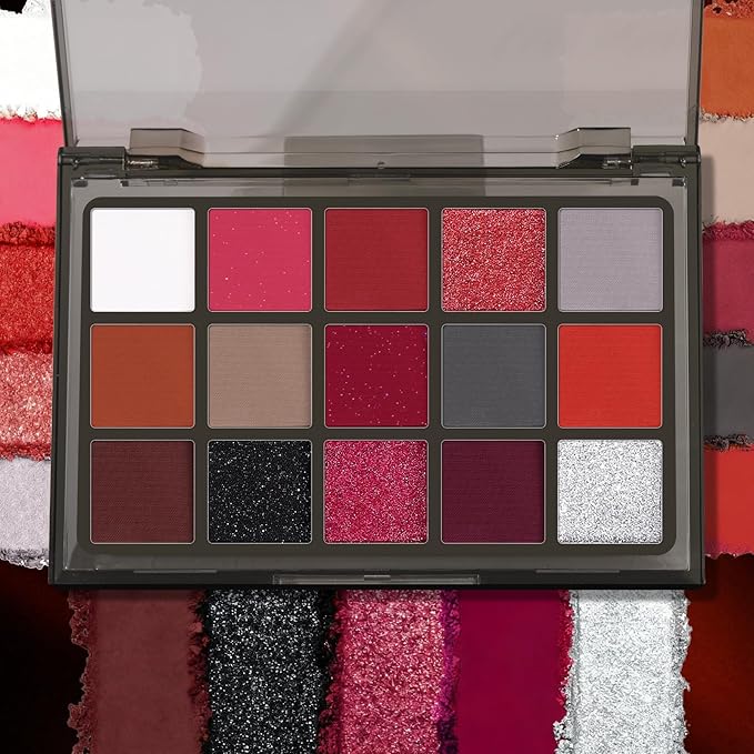 UCANBE Red Eyeshadow Makeup Palette, 15 Colors Burgunry Gray Silver Shimmer Matte Glitter Metallic Eye Shadow Pallet, Pigmented Make Up Kit for Halloween Parties Christmas Joker Vampire Clown