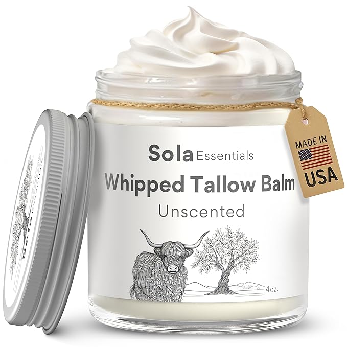 Grass Fed Whipped Beef Tallow for Skin - Whipped Tallow Balm with Mango Butter and Olive Oil - Natural Moisturizer, Suitable for all Skin Types, Smooth Texture, 4 oz Jar, Made in USA (4oz, Unscented)