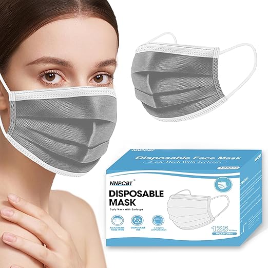 NNPCBT Grey Disposable Face Masks 125 Pack,3-Ply Breathable Mask For Adults,Great For Outdoors,Home, Office, School