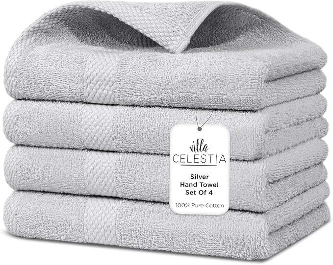 Premium Silver Hand Towel-100% Cotton Hand Towels for Bathroom 650 GSM Soft Silver Hand Towels Absorbent & Fast Drying Bath Hand Towels-Elegant Salon Spa Hotel Hand Towel Set of 4 (16''x 28'')