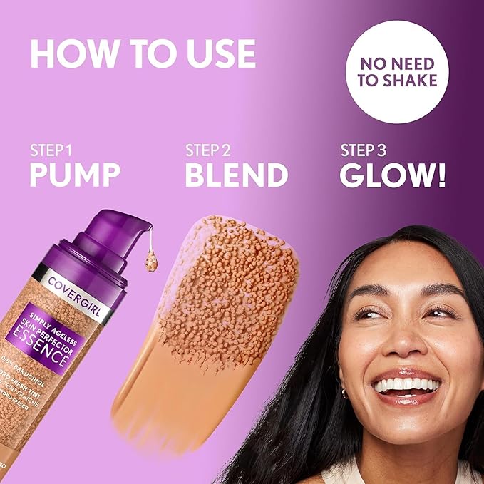 Covergirl Simply Ageless 70 Rich Foundation, Blending Brush - Skincare Makeup with Bakuchiol & Tranexamic Acid, Sheer Tint, 1oz