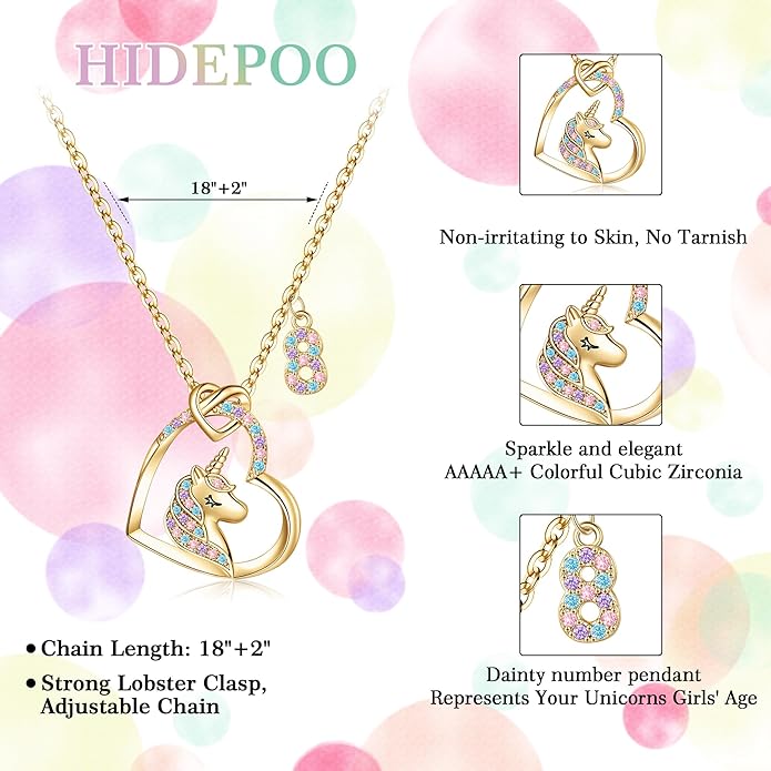 Hidepoo Birthday Unicorns Gifts for Girls - Unicorn Necklace Birthday Gift for 3-16 Year Old Girl Colorful CZ Heart Pendant Unicorn Necklace for Girls Gifts Jewelry