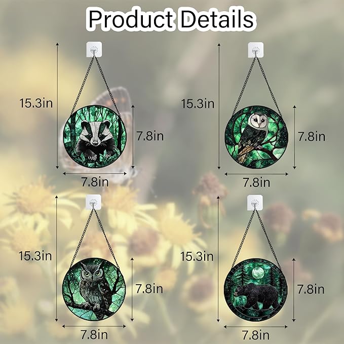 Stained Glass Window Hanging 4 Pcs Set Green Forest Night Sky Wildlife 7.8" - Suncatcher Door Garden Sun Catcher Decor Birthday for Mom Woman Nana Men Friend