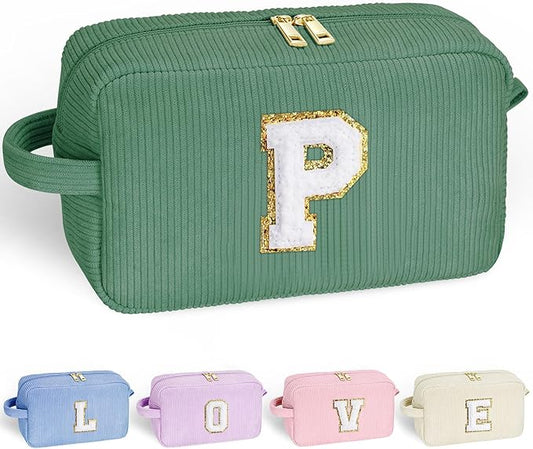YOOLIFE Personalized Green Corduroy Makeup Bag - Cosmetic Case for Women - Travel Makeup Bag with Zipper Closure - Multi-Purpose Storage Bag - Perfect for Gifts