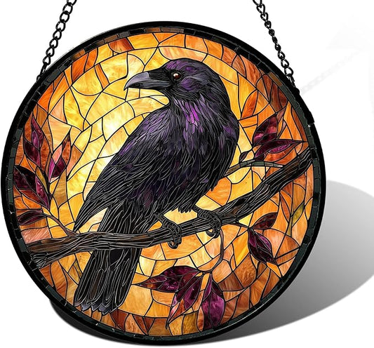 Stained Glass Window Hanging - Crow on a Branch Suncatcher Ready to Hang Window Doors Home Decoration and Christmas, Mother's Day Birthday Gifts for Women, Men, and Mom 9.8x9.8 in