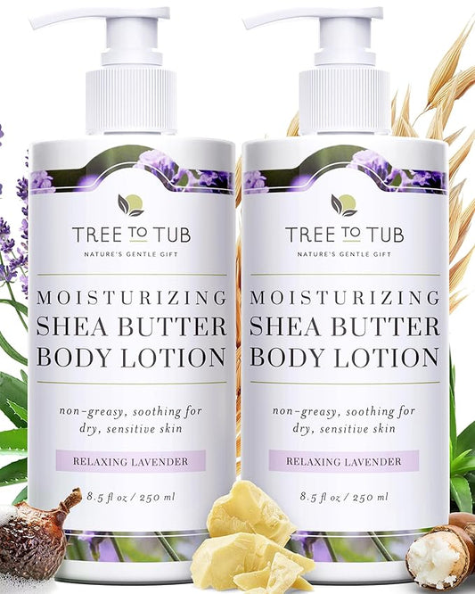 Tree to Tub Lavender Shea Butter Body Lotion for Dry Skin - Moisturizing Sensitive Skin Lotion for Women & Men, Vegan Body Moisturizer w/Organic Aloe Vera, Cocoa Butter, All Natural Colloidal Oatmeal