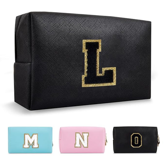 Personalized Initial A-Z Preppy Patch Makeup Bag,Small PU Chenille Letter Cosmetic Bag with Zipper for Teen Girls,Black Cute Toiletry Organizer Bag,Monogram Makeup Case Gift for Women Girls,Letter L