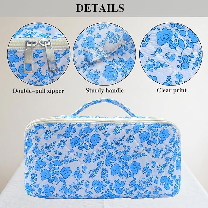 Blue Large Quilted Floral Makeup Bag Cute Coquette Aesthetic Cosmetic Bag Open Flat Travel Toiletry Make up Bag for Women