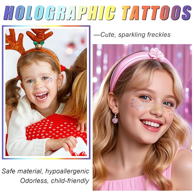 8 Pcs Holographic Multicolor Glitter Freckles Face Tattoo, Glow Up Cosmetic Glitter for Face, Sparkle Makeup Patches, Waterproof Face Speckles for Christmas (8PcsG Holographic Multicolor)