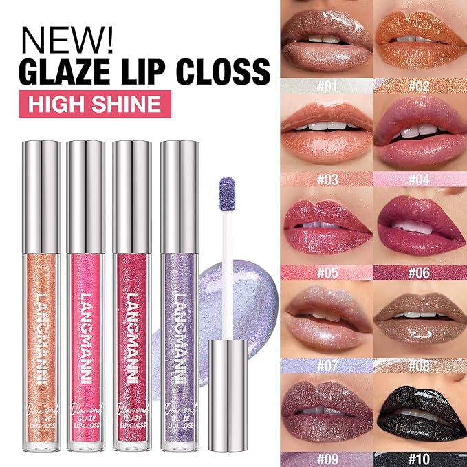 LANGMANNI 6 Colors Diamond Glitter Lip Gloss Set,Long Lasting High Shine Shimmer Liquid Lipstick Set,Hydrating,Moisturizing Lip Gloss Kit Gift Makeup For Girls(#01+02+03+04+05+06)