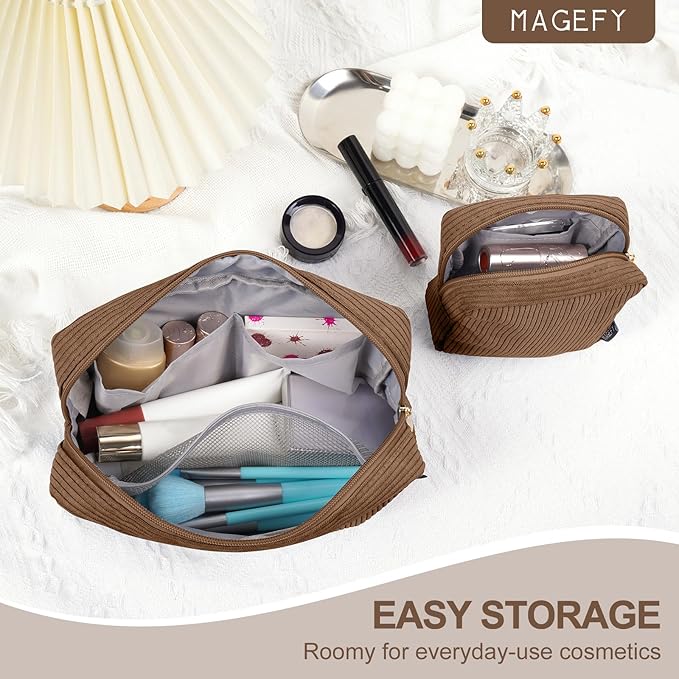 MAGEFY Small Makeup Bag for Purse Mini Cosmetics Bag Corduroy Cute Cosmetic Pouch for Women with Slip-in Pockets