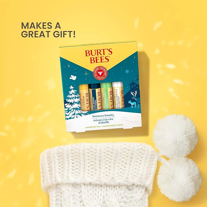 Burt's Bees Christmas Gifts, 4 Lip Balm Stocking Stuffers Products, Assorted Mix Set - Classic Beeswax, Vanilla, Cucumber Mint & Coconut and Pear (4-Pack)