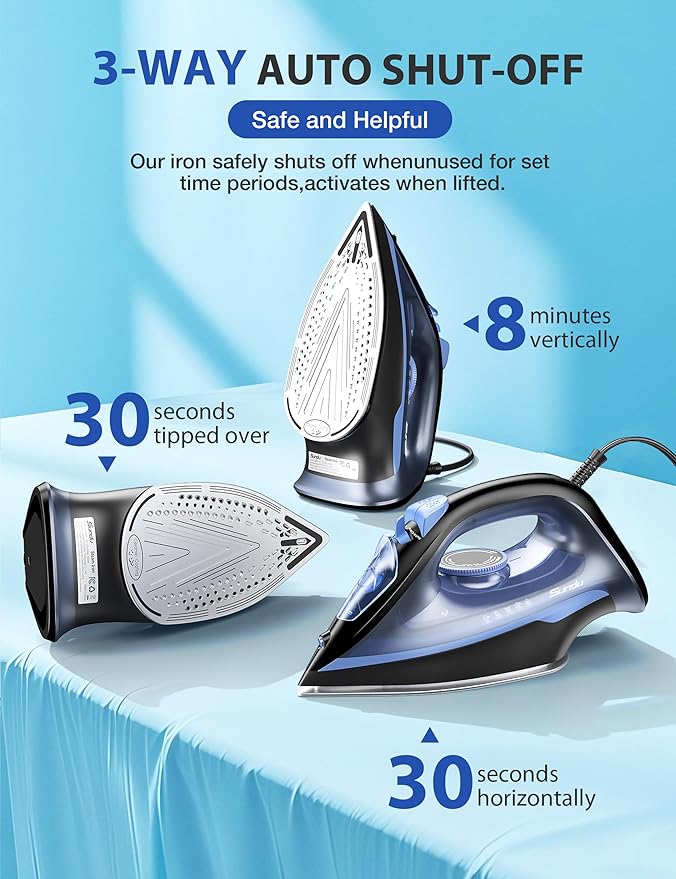 Steam Iron for Clothes, 500 Microsteam Holes, Ceramic Soleplate, 3-Way Auto-Off, Fast Heat-up, Burst of Steam, Precision Tip, Self-Clean, Anti-Calc, Steamer for All Fabrics