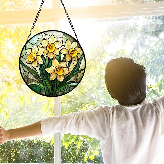 Stained Glass Window Hanging, Daffodil Plant Flowers Sun Catchers Diamond Glass Panel Hangings Suncatcher Decor for Birthday for Women, Men, Wife, Aunt, and Mom 11.8x11.8 in