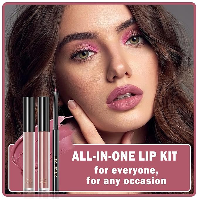 3 in 1 Lip Liner and Lipstick Combo Lip Gloss Kit for Women Moisturizing Velvet Lip Kit Long-lasting Smudge Proof Daily Professional Lip Makeup (01# Sole Memory)