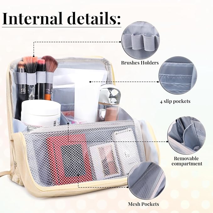 Standing Makeup Bag Gift Set – Large Travel Cosmetic Organizer That Supports Mirror or Phone – Includes 3 Silk Scrunchies & 10 Duckbill Hair Clips – Great Gift for Women & Girls (BEIGE)