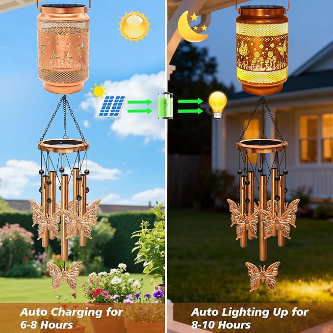 Butterfly Solar Wind Chimes for Outside, Gifts for Christmas Mom Women Grandma Birthday Memorial Teacher, 32" Windchimes Outdoor Decor Hanging Solar Lantern for Garden Porch Patio Backyard