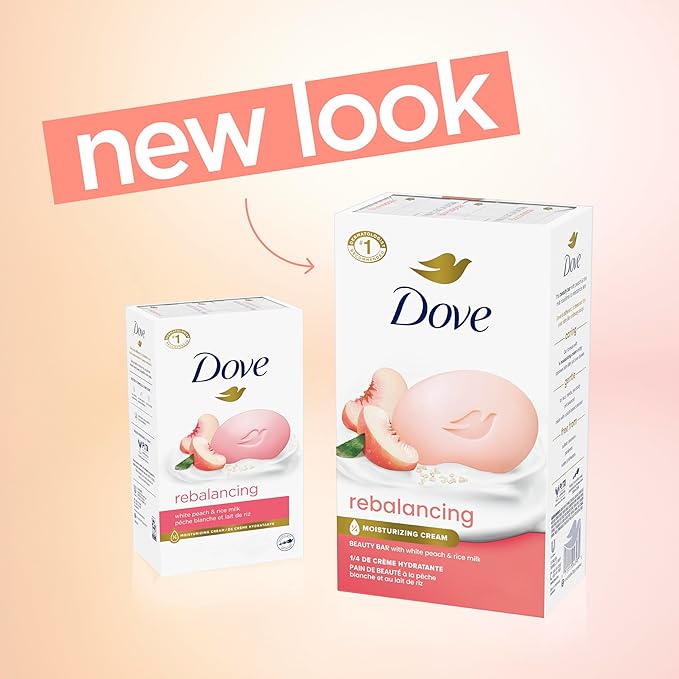 Dove Beauty Bar Soap Rebalancing White Peach & Rice Milk 6 Count for a Nourished and Moisturized Skin, with ¼ Moisturizing Cream Plant-Based Formula, 3.75 oz