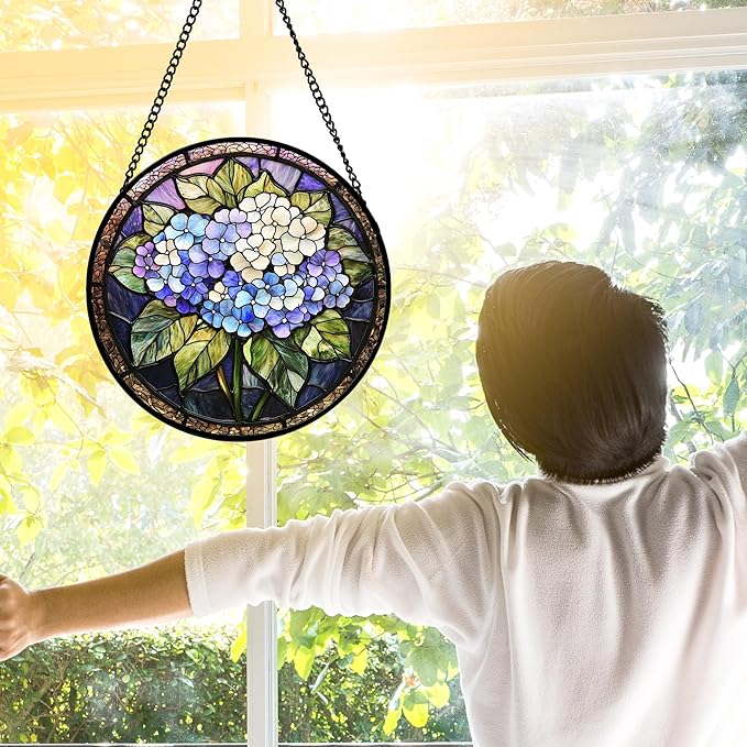 Stained Glass Window Hanging, Hydrangea Flowers Sun Catchers Diamond Glass Panel Hangings Plant Suncatcher Decor for Birthday for Women, Men, Wife, Aunt, and Mom 7.8 in