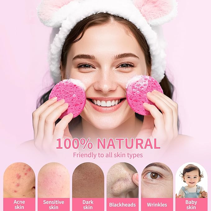 100-Count Compressed Facial Sponges, Natural Cellulose Face Sponges for Cleansing, Exfoliating, Washing face, Makeup Removal, and Spa Use - Travel Skincare Essentials for women
