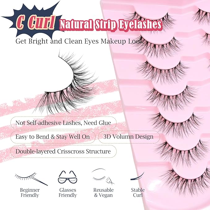 False Lashes Natural Wispy Eyelashes 11mm Short Lashes 3D Volume Fake Eyelashes Thin Cotton Band C Curl Soft Strip Eye Lashes Pack 7 Pairs Siligli