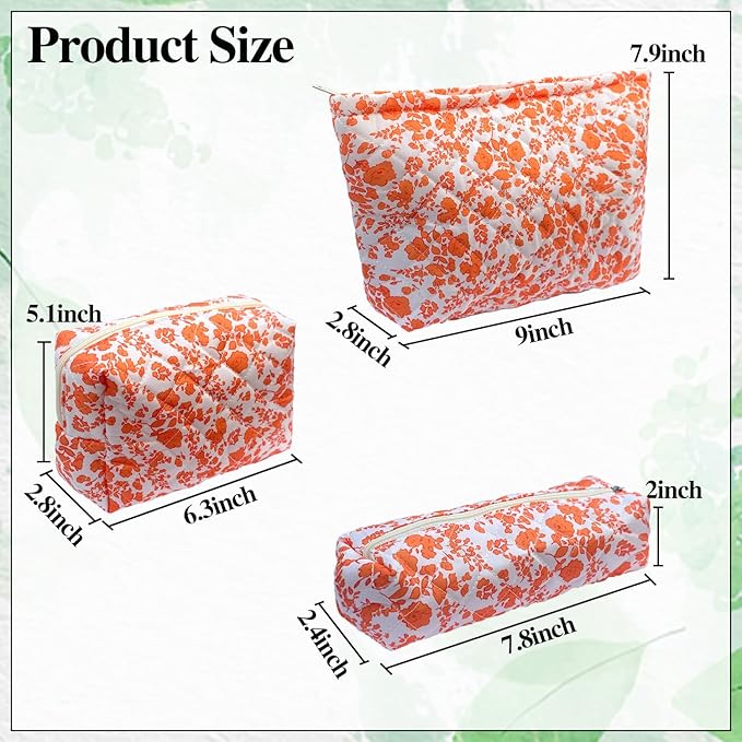 3 Piece Orange Quilted Floral Makeup Bag Set Small Cosmetic Bag For Women Cute Cotton Makeup Pouch For Purse