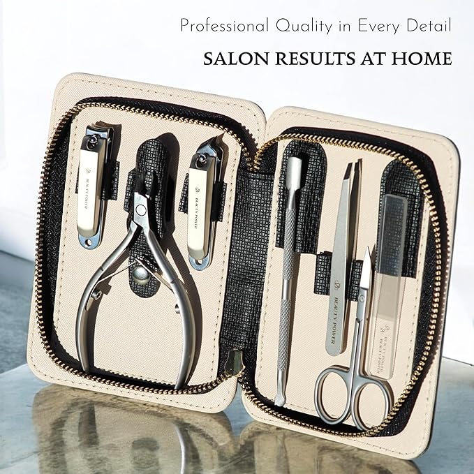 Manicure Pedicure Set 7-in-1 Stainless Steel, Ultra Sharp, Slanted Nail Clipper, Fingernail Clipper, Cuticle Nipper, Glass Nail File, Eyebrow Tweezers, Scissors, Case – Gift (Matte Gray)