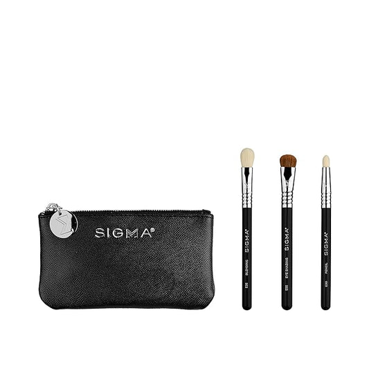 Sigma Beauty Glam ‘N Glow Mini Eye Makeup Brush Set – Set of 3 Eye Makeup Brushes for Blending, Shading, Lining, and Smudging, Includes Stylish Black Small Makeup Bag (4 Pcs)