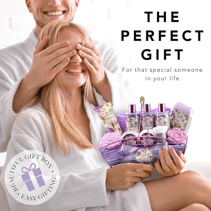 Gift Sets For Women, Gift Basket for Women & Men, Bath and Body Gift Basket, 13pc Vanilla Lavender Home Spa Set, Body Lotion, Bath Bomb, Shower Gloves Gift for Mom Thank You Birthday Gifts