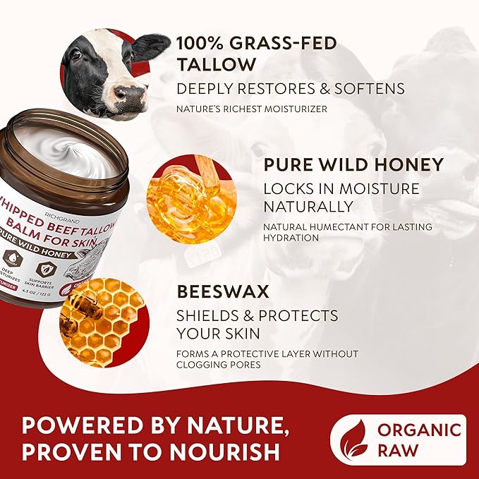 Beef Tallow for Skin – Whipped Tallow and Honey Balm with Grass-Fed Beef Tallow – Organic Daily Tallow Face Moisturizer & Body Balm – Deep Nourishment for Dry, Cracked, Sensitive Skin - 4.3 OZ