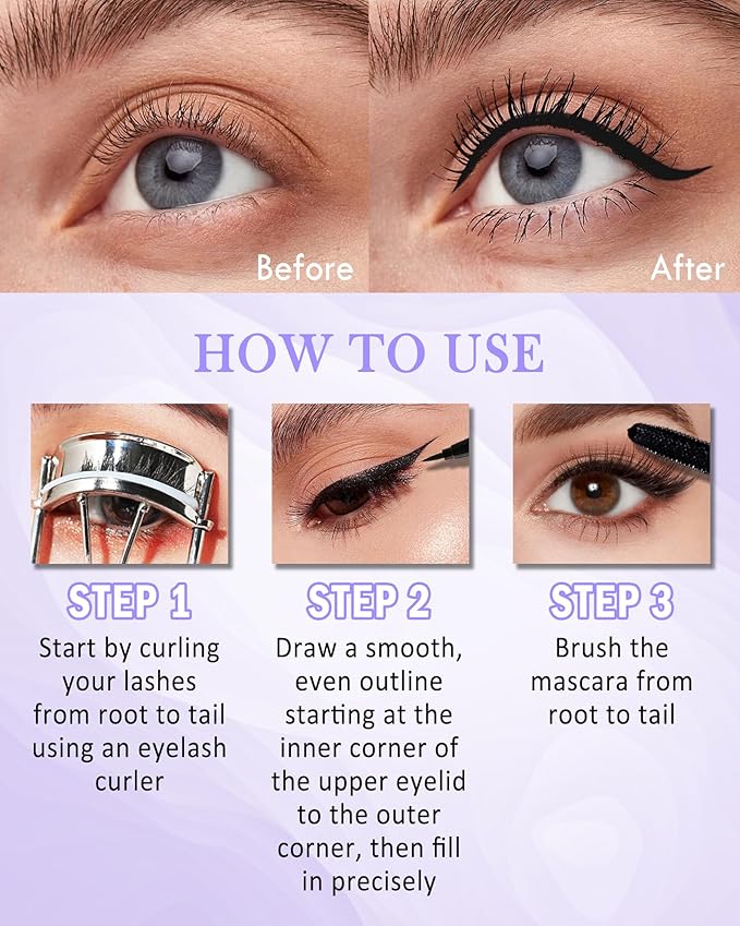 Black Mascara Liquid Eyeliner Set,5D Waterproof Fiber Colored Mascara Volume and Length,Longlasting Smudgeproof Color Eye Liner Pen,Cosplay Party Stage Use,Mother's Day Makeup Gift for Women Girl-01