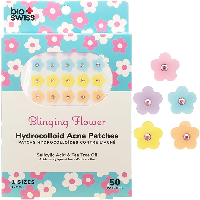 BioSwiss Pimple Patches, Blinging Flowers Patch for Zits and Blemishes, Hydrocolloid Spot Stickers for Face and Skin, 50 Count