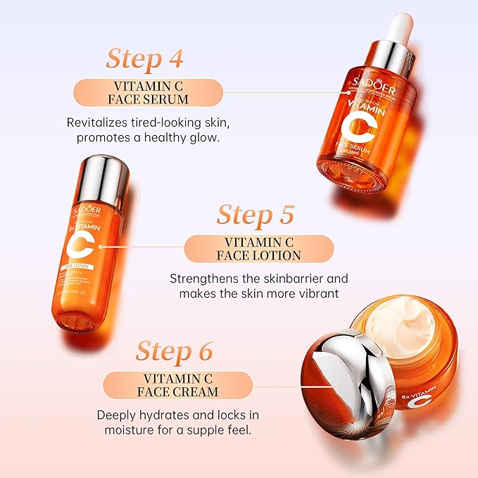 Vitamin C Skincare Set ,Skin Hydration,1Gift Box,1Toner,Face Care Kit Includes Toner,Serum,Cleanser,Moisturizer,Eye Cream & Body Lotion,Unique Gift for Women