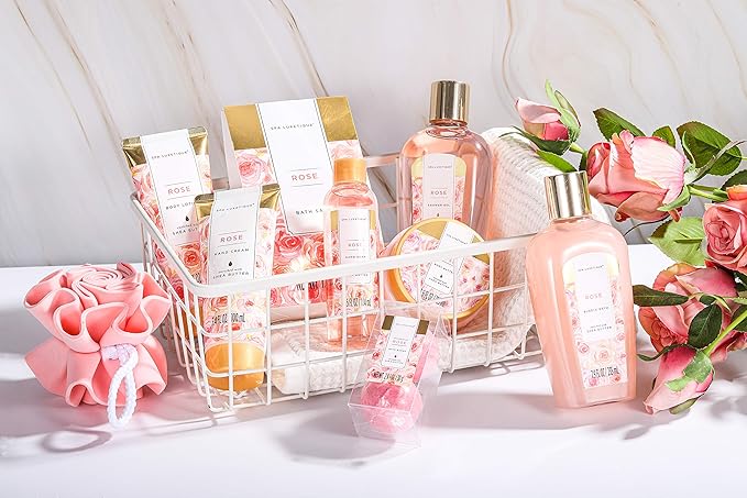 Spa Luxetique Spa Gift Set, Bath Gift Set for Women, 10 Pcs Rose Bath Set, Pink Tote Gift Bag with Shower Gel, Bubble Bath, Body Lotion, Hand Cream, Beauty Gifts for Women