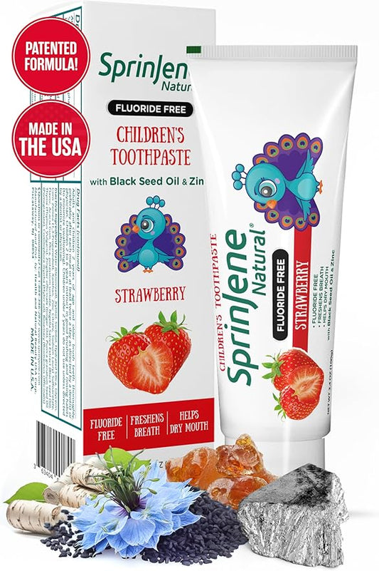 SprinJene Natural Children’s Toothpaste – Fluoride Free Strawberry Toothpaste for Toddlers & Kids – Gentle Safe Natural Formula with Patented Black Seed Oil & Zinc – Made in The USA (1 Pack)