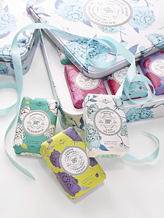 La Chatelaine Luxury Soap Collection | Oprahs Favorite Things | Shea Butter Bar Soaps, Made in France | Natural | Set of 6, 7 oz (Gardenia, Coconut Milk, Lemon Verbena, Cherry Almond, Shea, Wild Fig)