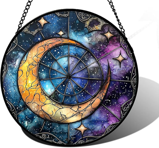 Stained Glass Window Hanging, Blue Starry Sky Moon Astrolabe Suncatcher for Doors Home Sun Catchers Decoration and Christmas, Mother's Day Birthday Gifts for Women, Men, and Mom 11.8x11.8 in