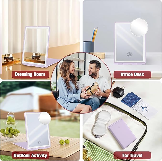 Travel Makeup Mirror with Lights, Rechargeable Portable Folding Compact Mirror with Tweezer, Lighted Makeup Mirror with 72 LED 3 Color Light Modes, Dimmable Touch Screen LED Mirrors-Purple